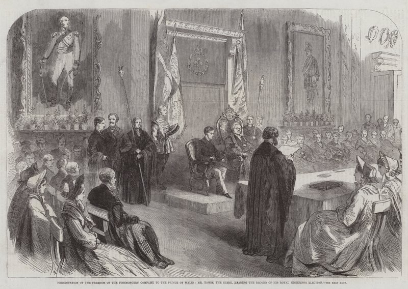 Verleihung der Freiheit der Fischhändler-Gesellschaft an den Prinzen von Wales, Mr. Towse, der Sekretär, liest das Protokoll der Wahl Seiner Königlichen Hoheit von English School