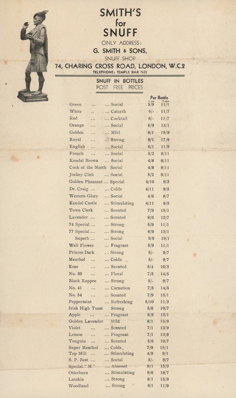 Preisliste für G Smith & Sons, Schnupftabakladen von English School