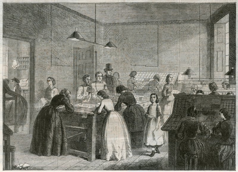 Druckerei (Victoria Press) in der Great Coram Street, zur Beschäftigung von Frauen als Setzerinnen von English School