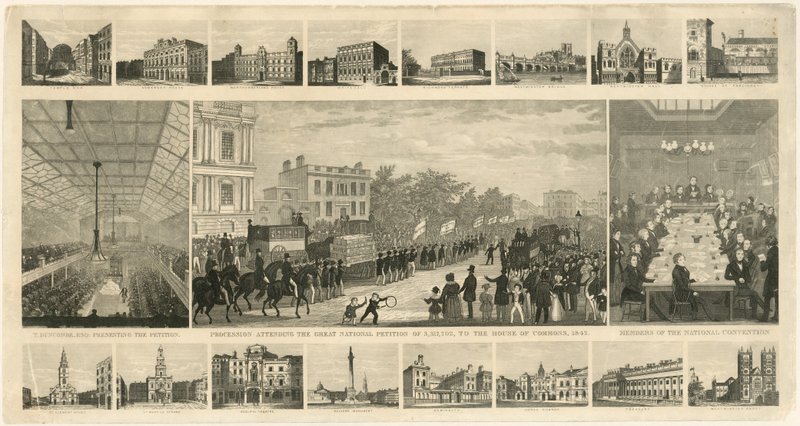 Prozession zur Übergabe der Großen Nationalen Petition mit 3.317.702 Unterschriften an das House of Commons, 1842 von English School