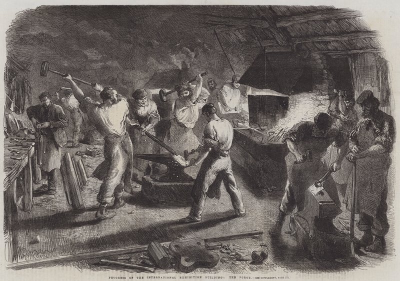 Fortschritt des Internationalen Ausstellungsgebäudes, die Schmiede (Stich) von English School
