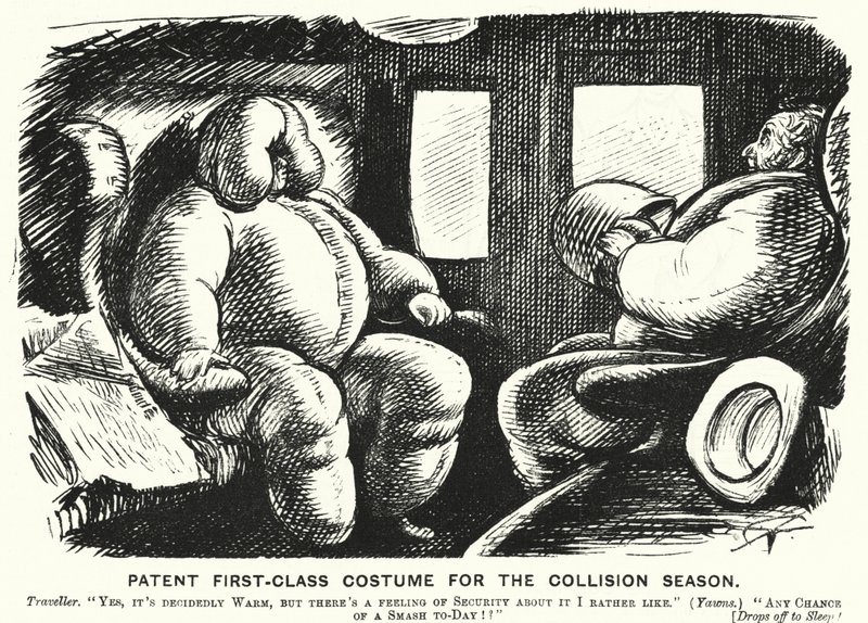 Punch-Karikatur: Patent-Erstklassiges Kostüm für die Kollisionssaison - Sicherheit auf den Eisenbahnen von English School