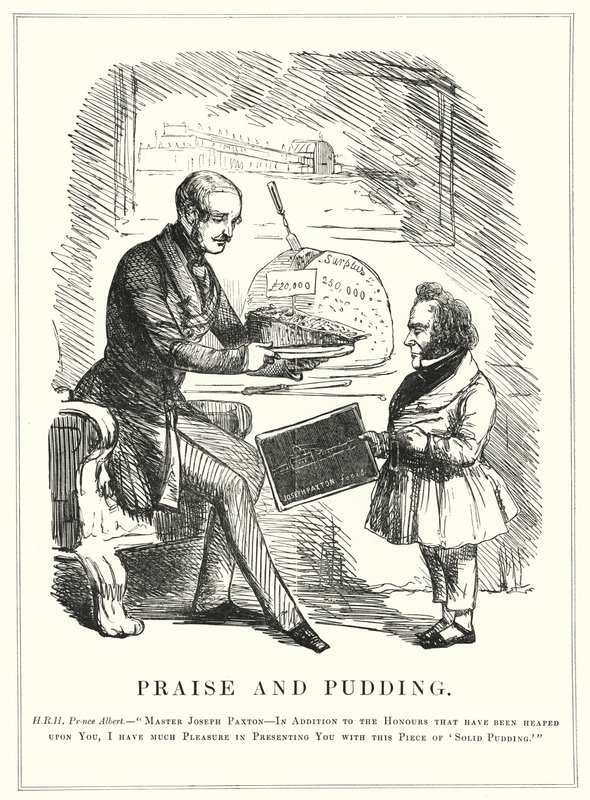 Lob und Pudding: Prinz Albert belohnt Joseph Paxton für die Gestaltung des Kristallpalastes zur Unterbringung der erfolgreichen Großen Ausstellung von 1851 im Hyde Park, London (Stich) von English School