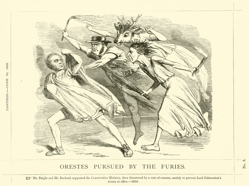 Punch-Karikatur über John Bright: Orestes verfolgt von den Furien von English School