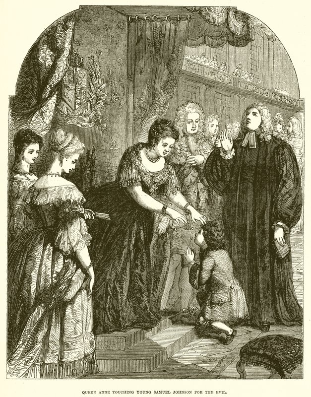 Königin Anne berührt den jungen Samuel Johnson wegen des Übels von English School