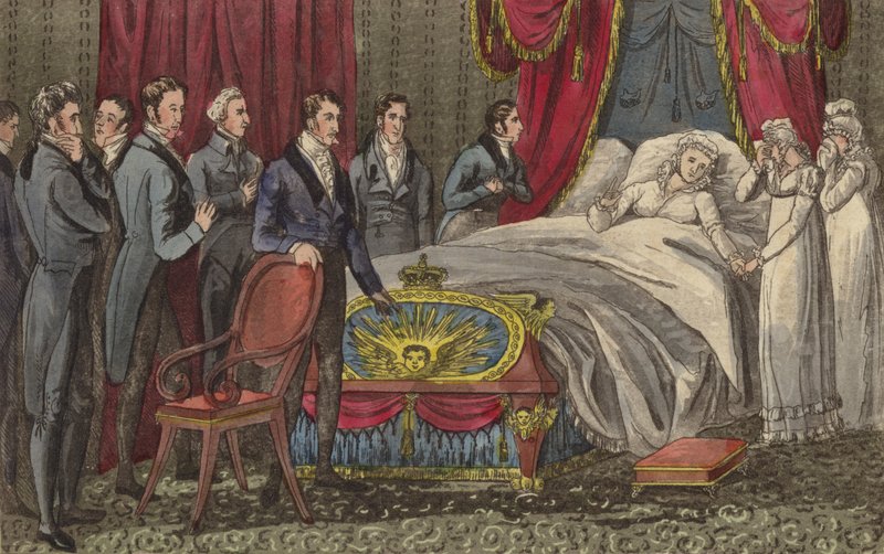 Königin Caroline auf ihrem Sterbebett, Brandenburg House, Hammersmith, London von English School