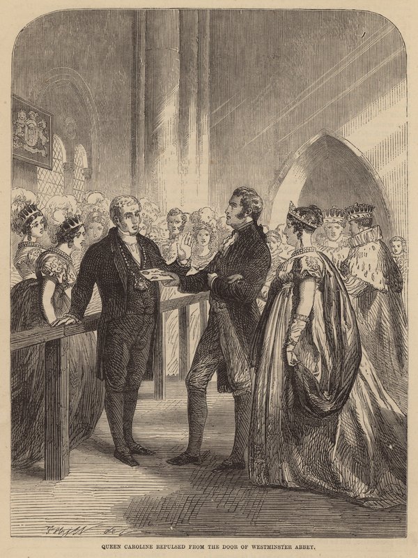 Königin Caroline wird von der Tür der Westminster Abbey abgewiesen von English School