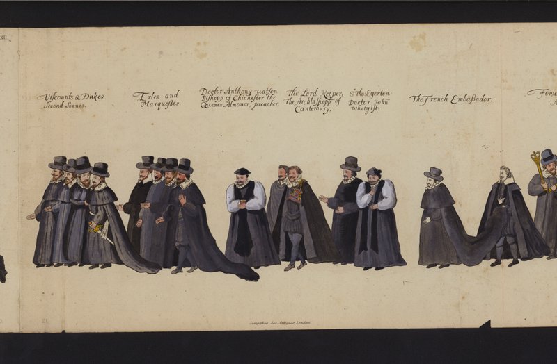 Begräbnisprozession von Königin Elisabeth I (farbiger Stich) von English School