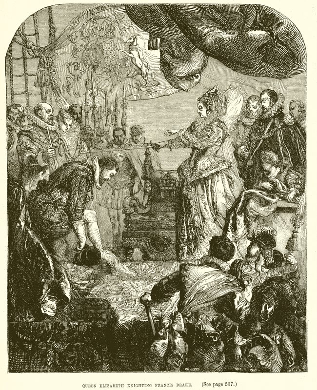 Königin Elisabeth schlägt Francis Drake zum Ritter von English School
