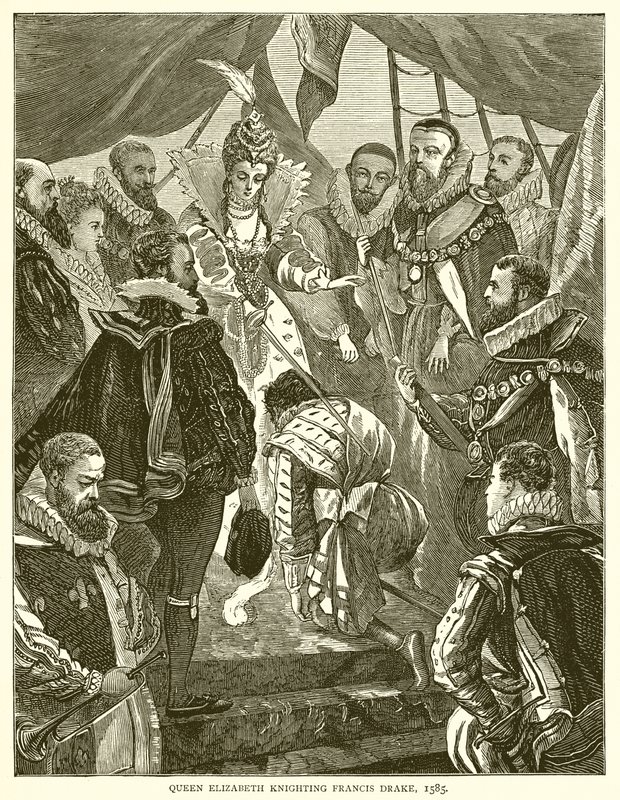 Königin Elisabeth schlägt Francis Drake zum Ritter, 1585 von English School