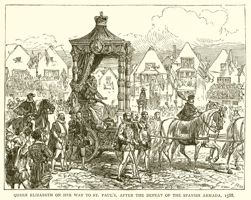 Königin Elisabeth auf dem Weg nach St. Pauls nach der Niederlage der spanischen Armada, 1588 von English School
