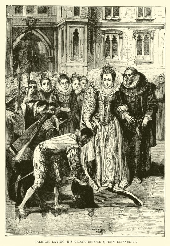 Raleigh legt seinen Mantel vor Königin Elisabeth aus von English School