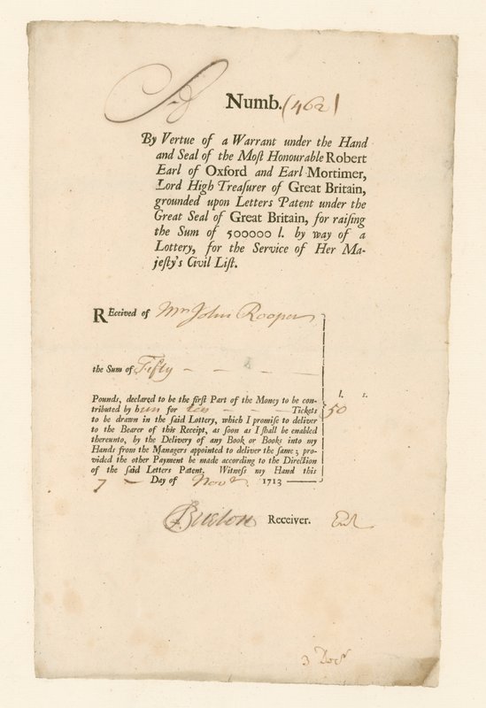 Quittung für Civil List Lotterie von 1713 von English School