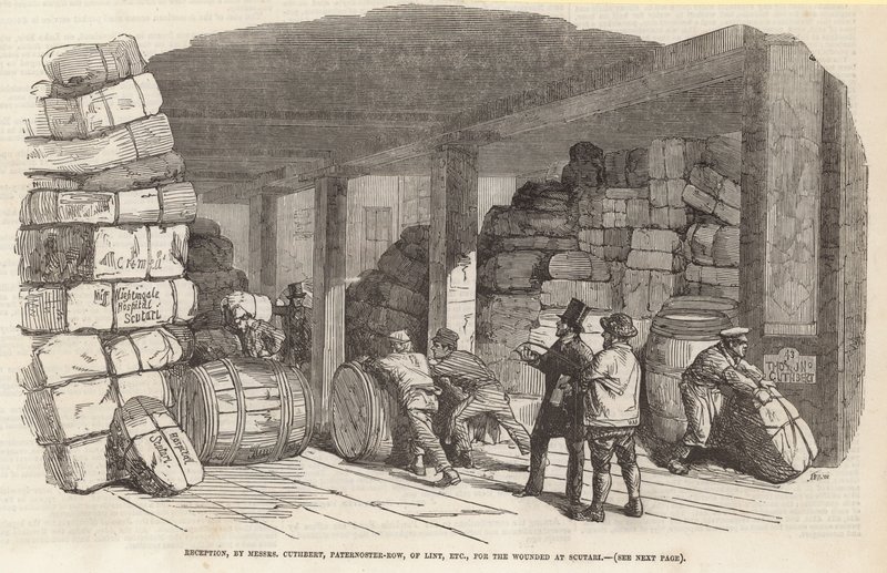 Empfang von Verbandsmaterial für die Verwundeten in Scutari durch Messrs Cuthbert, Paternoster Row von English School