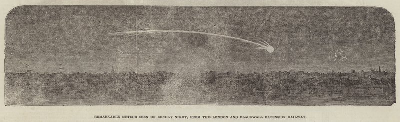 Bemerkenswerter Meteor, gesehen am Sonntagabend von der London und Blackwall Extension Railway (Gravur) von English School