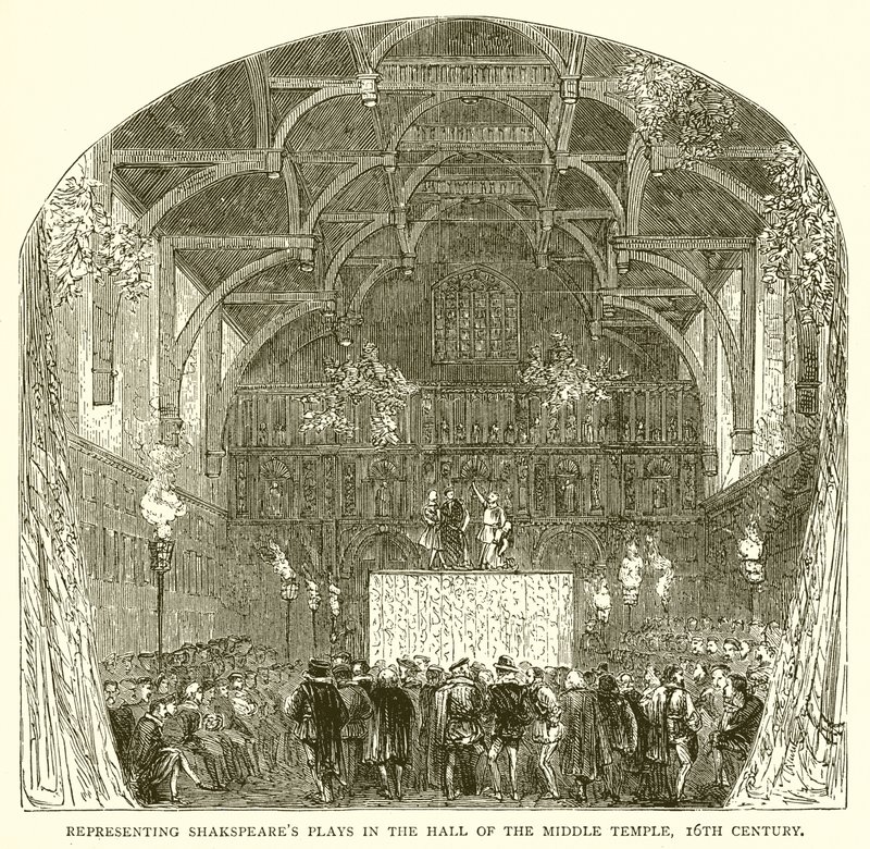 Darstellung von Shakespeares Stücken in der Halle des Middle Temple, 16. Jahrhundert von English School
