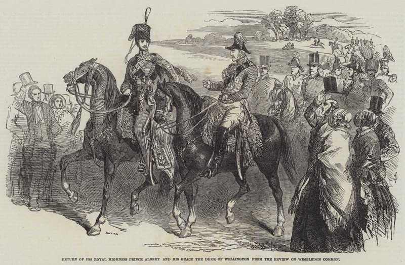 Rückkehr von Prinz Albert und Herzog von Wellington von der Parade auf Wimbledon Common (Stich) von English School