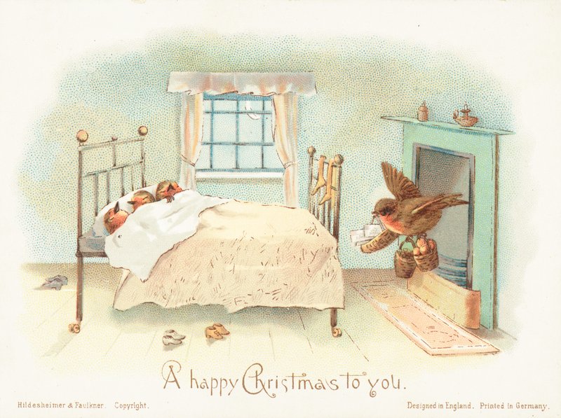 Rotkehlchen schlafen im Bett! Weihnachtskarte von English School