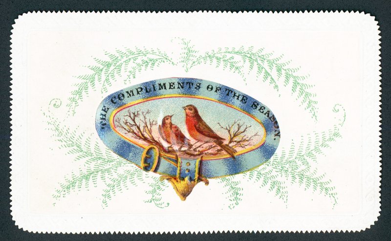 Rotkehlchen sitzen im Oval mit Farnumrandung, Weihnachtskarte von English School