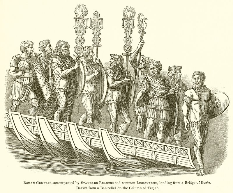 Römischer General, begleitet von Standartenträgern und gewöhnlichen Legionären, landet von einer Schiffsbrücke von English School