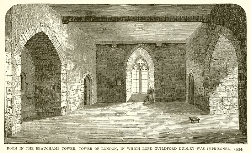 Zimmer im Beauchamp Tower, Tower of London, in dem Lord Guildford Dudley eingesperrt war, 1554 von English School