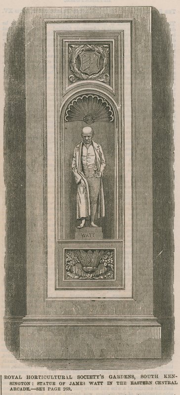 Gärten der Königlichen Gartenbaugesellschaft, South Kensington: Statue von James Watt in der östlichen zentralen Arkade von English School