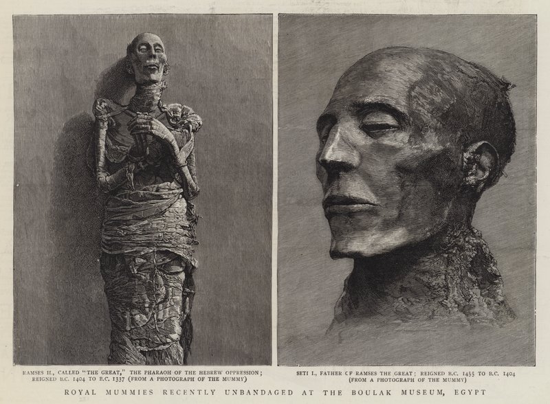 Königliche Mumien, kürzlich im Boulak-Museum, Ägypten, entbandagiert (Gravur) von English School