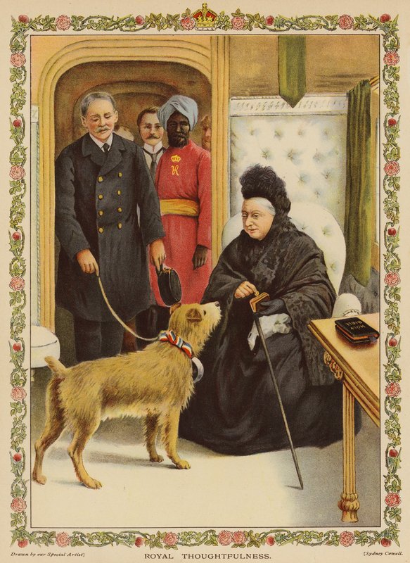 Königliche Fürsorge - Königin Victoria am Bahnhof Paddington, wohltätige Spende (Chromolithografie) von English School