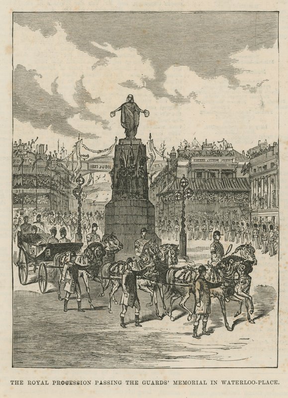 Königliche Prozession passiert das Guards Memorial am Waterloo Place von English School