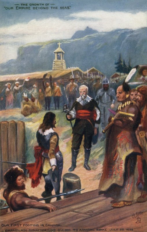 Samuel de Champlain übergibt Quebec an Admiral Kirke, 20. Juli 1629 von English School