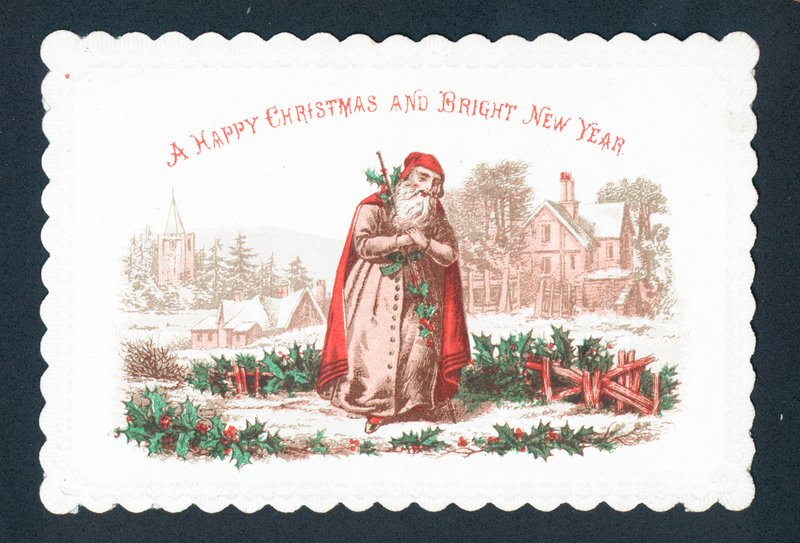 Weihnachtsmann im verschneiten Feld, Weihnachtskarte von English School