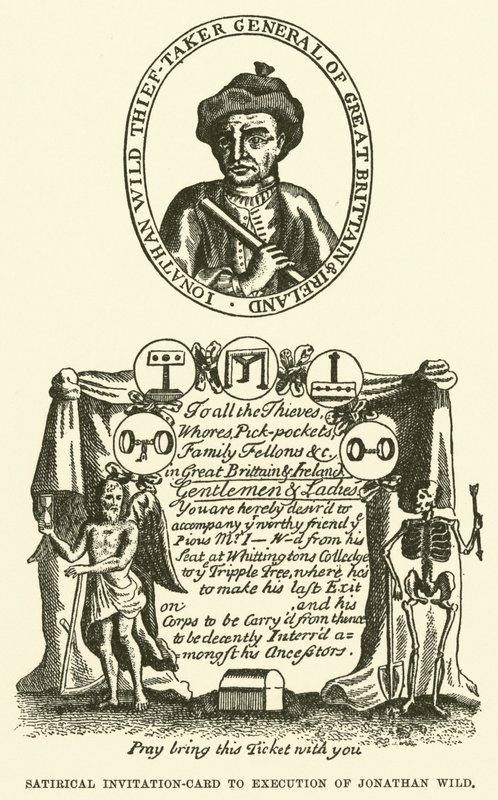 Satirische Einladungskarte zur Hinrichtung von Jonathan Wild (Gravur) von English School