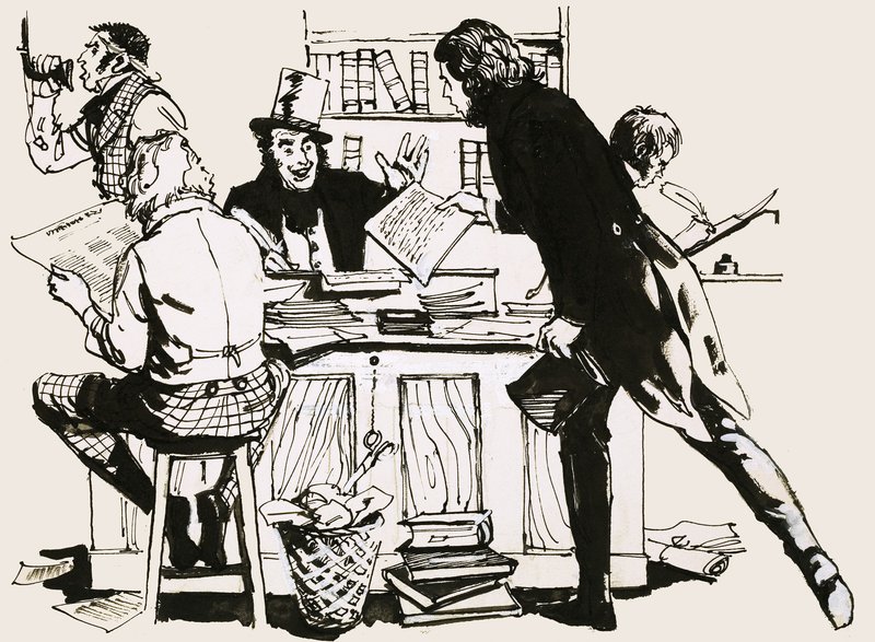 Szene aus dem Büro eines Zeitungsredakteurs von früher von English School