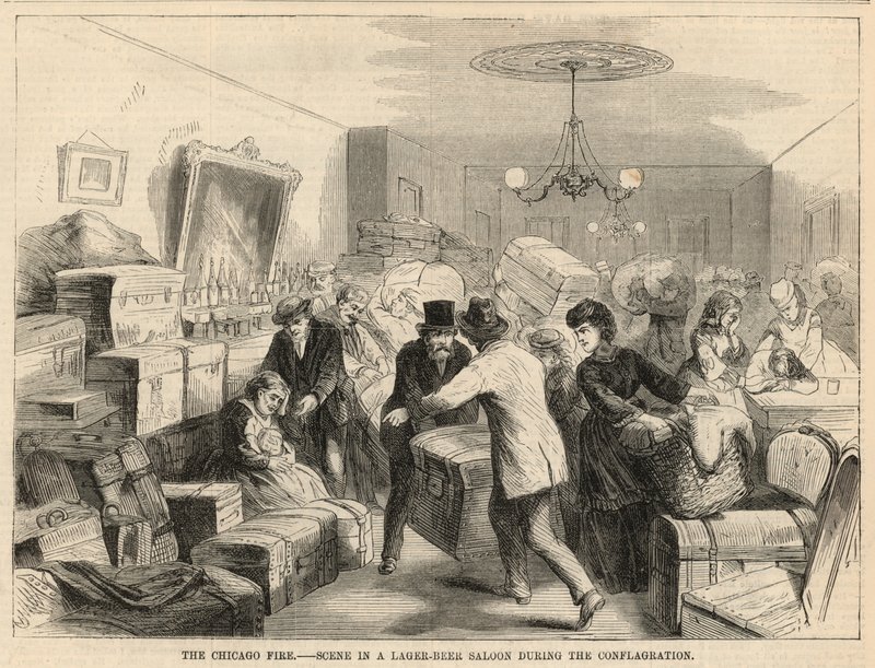 Szene in einem Lagerbier-Salon während des Brandes von English School