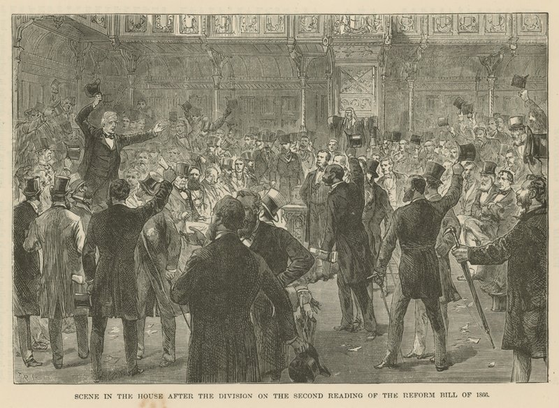 Szene im House of Commons nach der Abstimmung über die zweite Lesung des Reformgesetzes von 1866 von English School