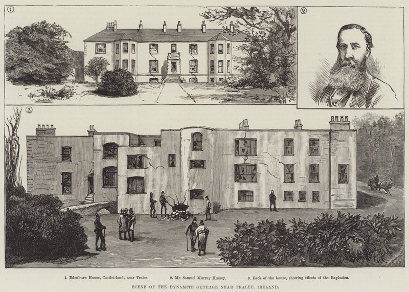Szene des Dynamitanschlags in der Nähe von Tralee, Irland (Stich) von English School