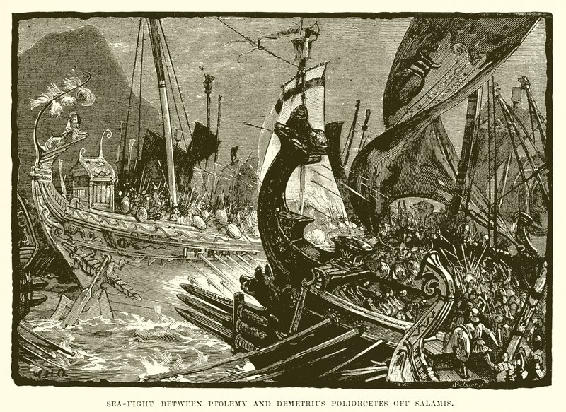Seeschlacht zwischen Ptolemaios und Demetrios Poliorketes vor Salamis von English School
