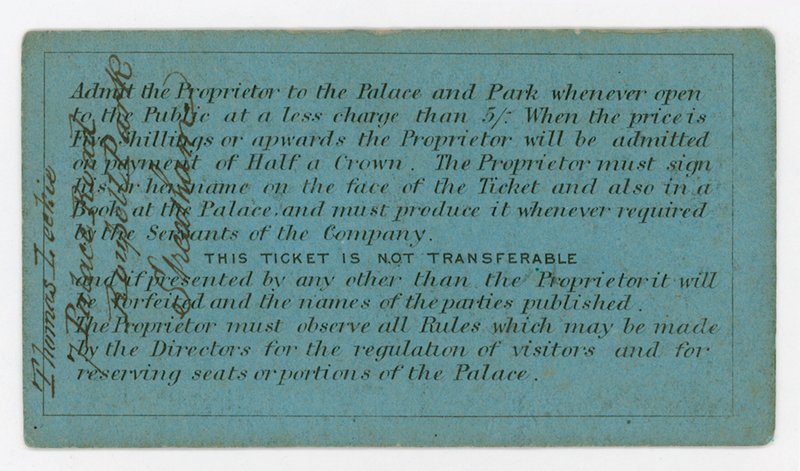 Saisonkarte für den Eintritt zum Kristallpalast, 1861-62, Rückseite, zeigt Regeln von English School