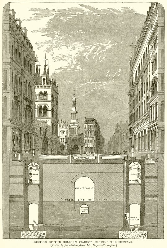 Querschnitt des Holborn Viadukts, der die U-Bahnen zeigt von English School