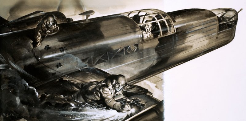Sergeant James Allen Ward geht auf dem Flügel eines Wellington-Bombers von English School