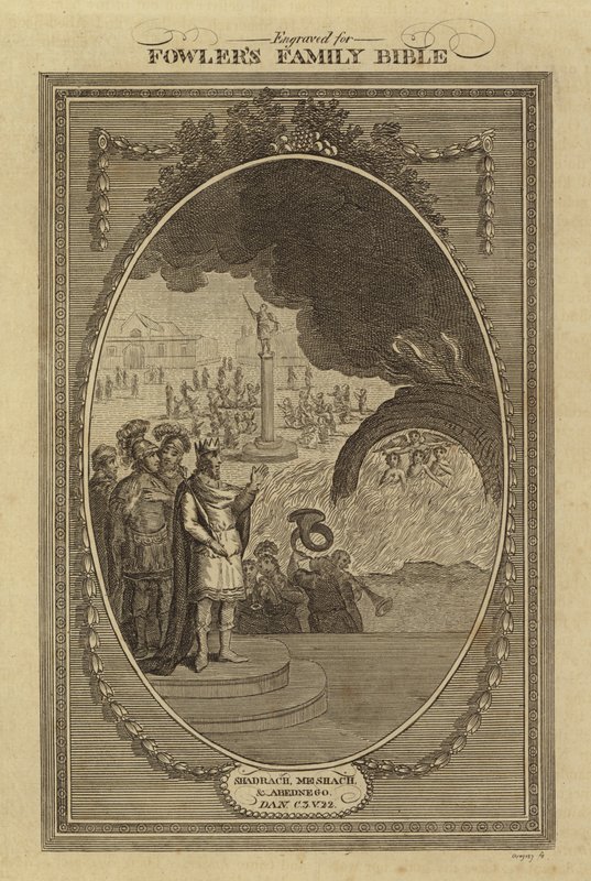 Schadrach, Meschach und Abednego, Daniel, Kapitel 3, Vers 22 (Gravur) von English School
