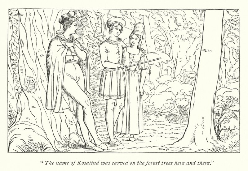 Wie es euch gefällt; Orlando sieht Rosalind verkleidet als Ganymed (Stich) von English School
