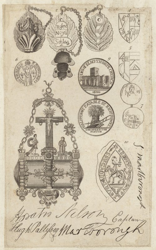 Blatt mit Münzen, Siegeln und Marken, mit Faksimiles von Unterschriften von English School