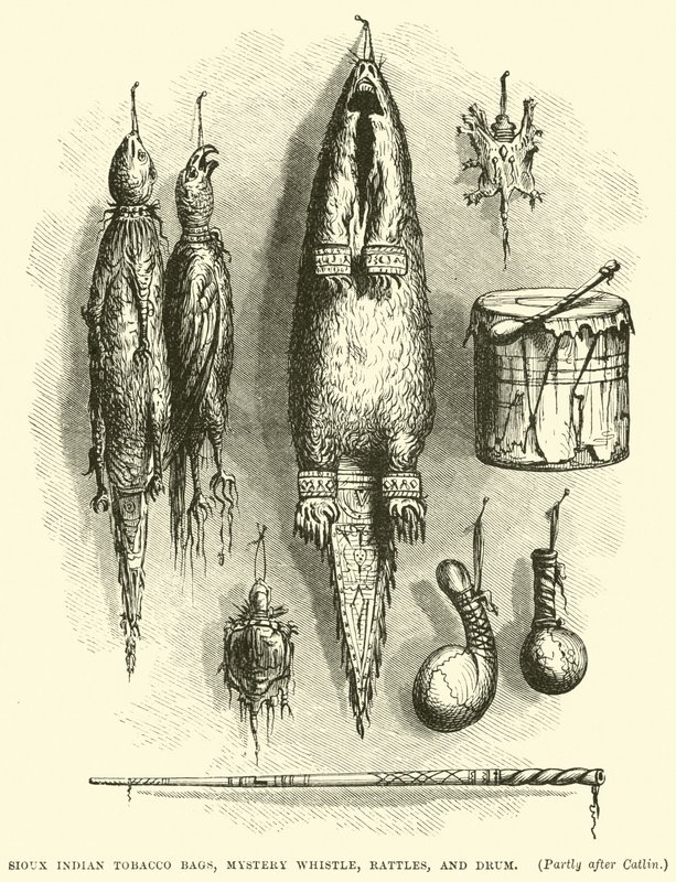 Sioux-Indianer Tabakbeutel, Geheimnispfeife, Rasseln und Trommel von English School