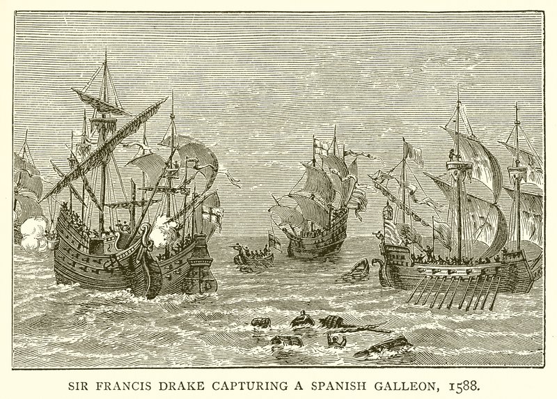 Sir Francis Drake erobert eine spanische Galeone, 1588 von English School
