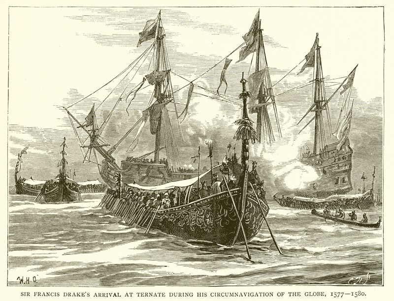 Sir Francis Drakes Ankunft in Ternate während seiner Weltumsegelung, 1577-1580 von English School