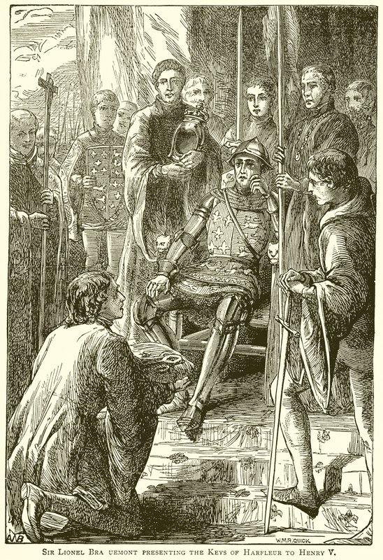 Sir Lionel Bra Uemont überreicht die Schlüssel von Harfleur an Heinrich V. von English School