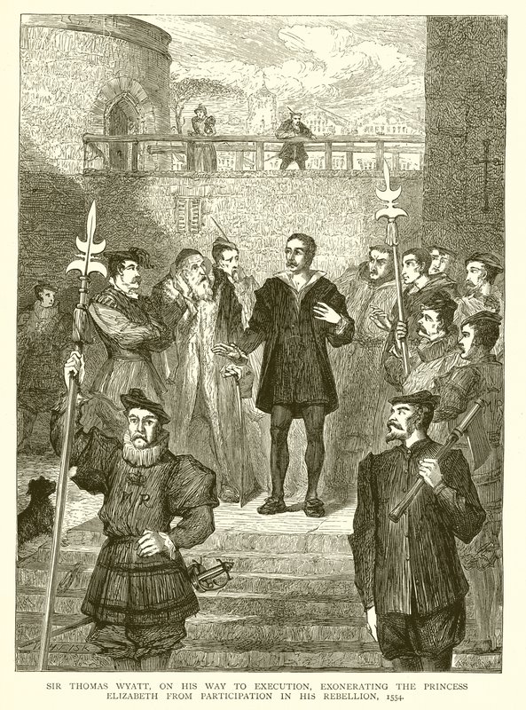 Sir Thomas Wyatt auf dem Weg zur Hinrichtung, Prinzessin Elisabeth von der Teilnahme an seiner Rebellion freisprechend, 1554 von English School