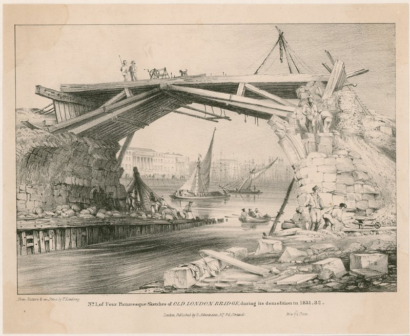 Skizze der alten London Bridge während ihres Abrisses 1831, 1832 von English School