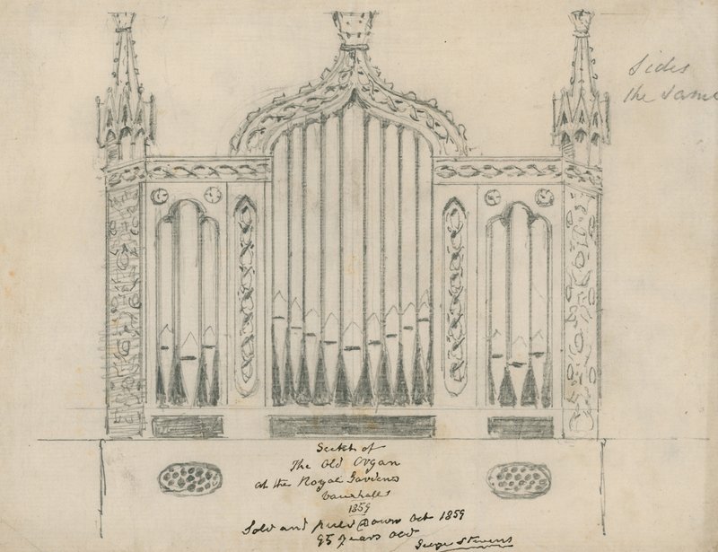 Skizze der alten Orgel in den Royal Gardens (Vauxhall Gardens, London) von English School